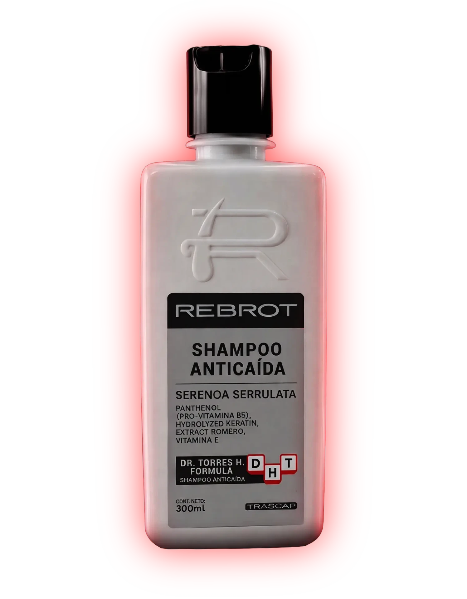 Botella de shampoo anticaída REBROT 300ml, fórmula Dr. Torres H.